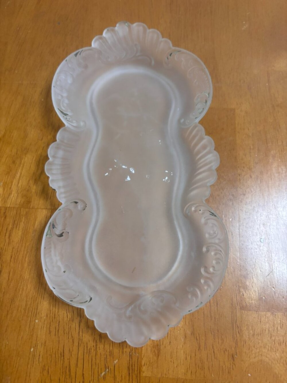 VTG Frosted Glass Trinket Dish Elegantly Sculpted Scroll Edge Tray 9"